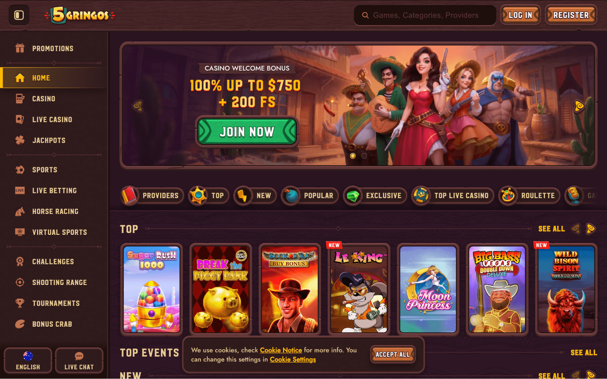 gringos casino welcome bonus up to E with western theme