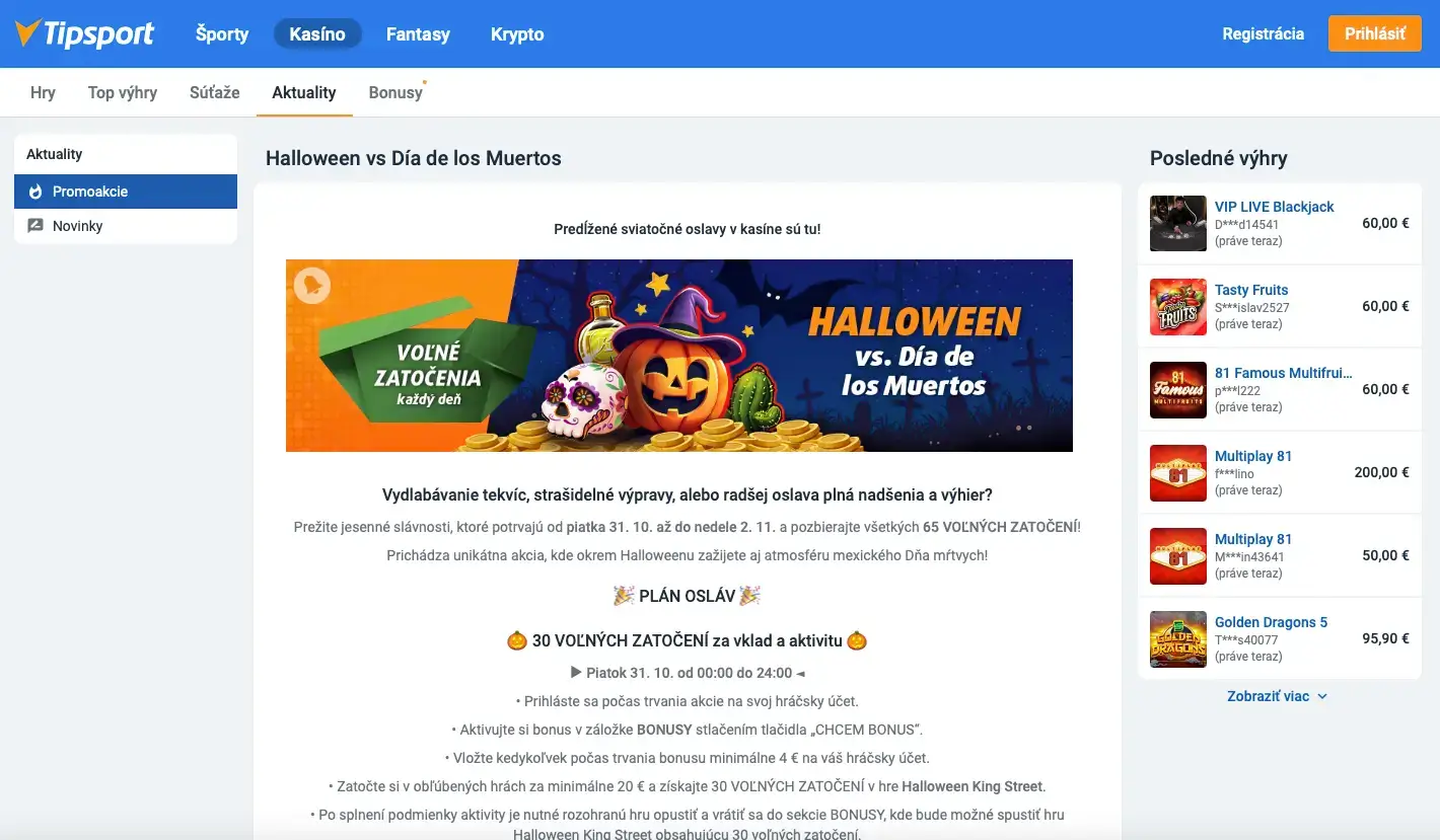 Detail akcie Tipsport Kasína Halloween vs. Día de los Muertos s plánom a podmienkami získania voľných zatočení