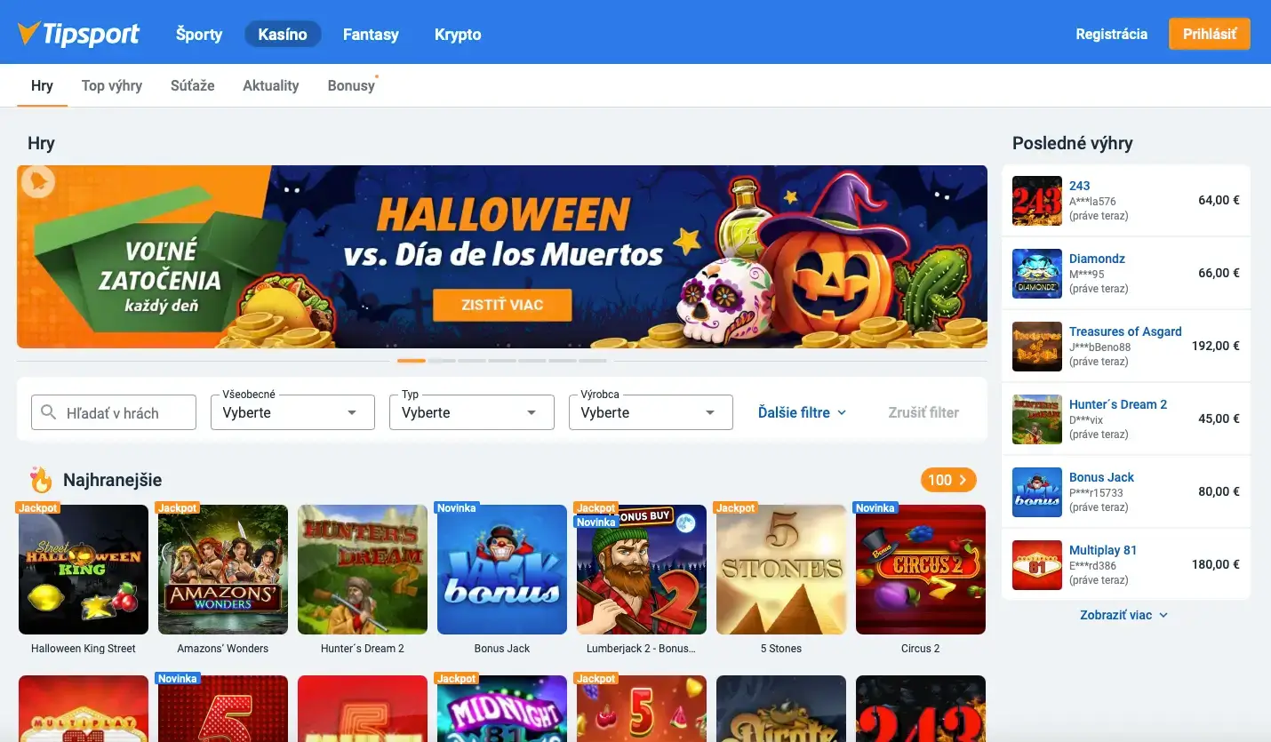 Herné lobby Tipsport kasína s Halloweenskou propagačnou akciou a prehľadom najhranejších hier