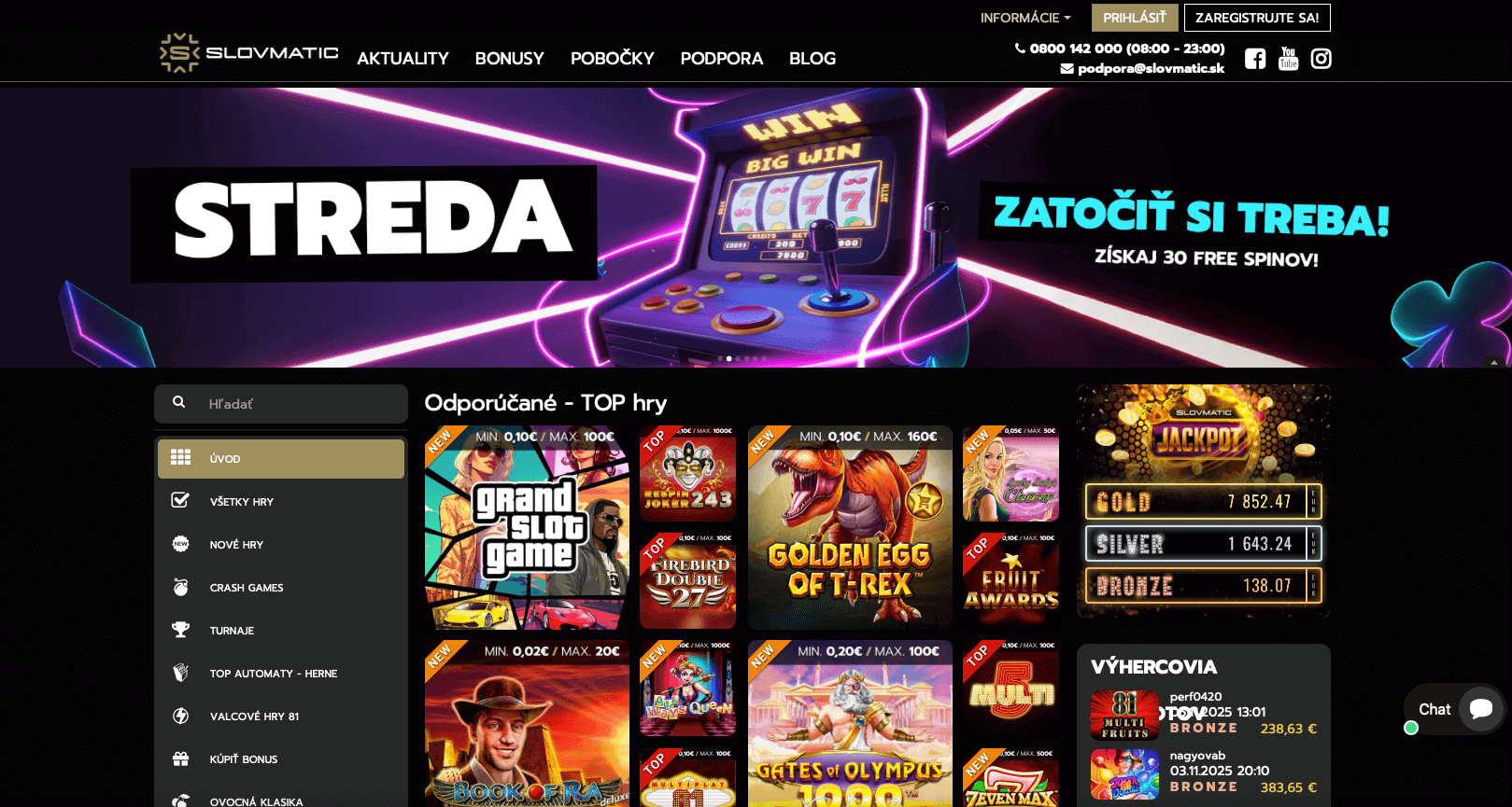 Hlavna stranka kasina Slovmatic s TOP hrami stredajsou promo akciou a aktualnym prehladom jackpotov