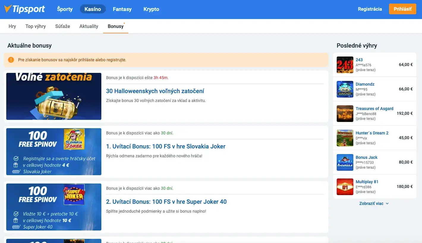 Prehľad aktuálnych bonusov v Tipsport Kasíne vrátane Halloweenskych a uvítacích bonusov (Free Spiny)