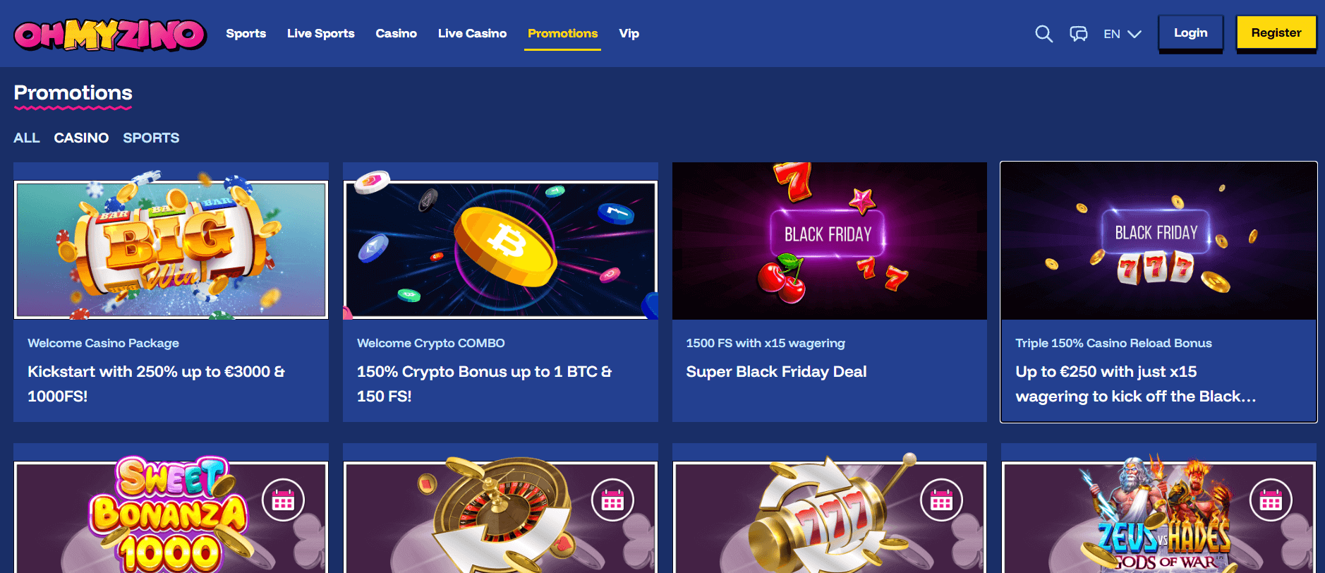 Promo akcie Black Friday na stránke OH MY ZINO s ponukou Super Black Friday Deal (1500 FS) a Triple 150% Casino Reload Bonus.