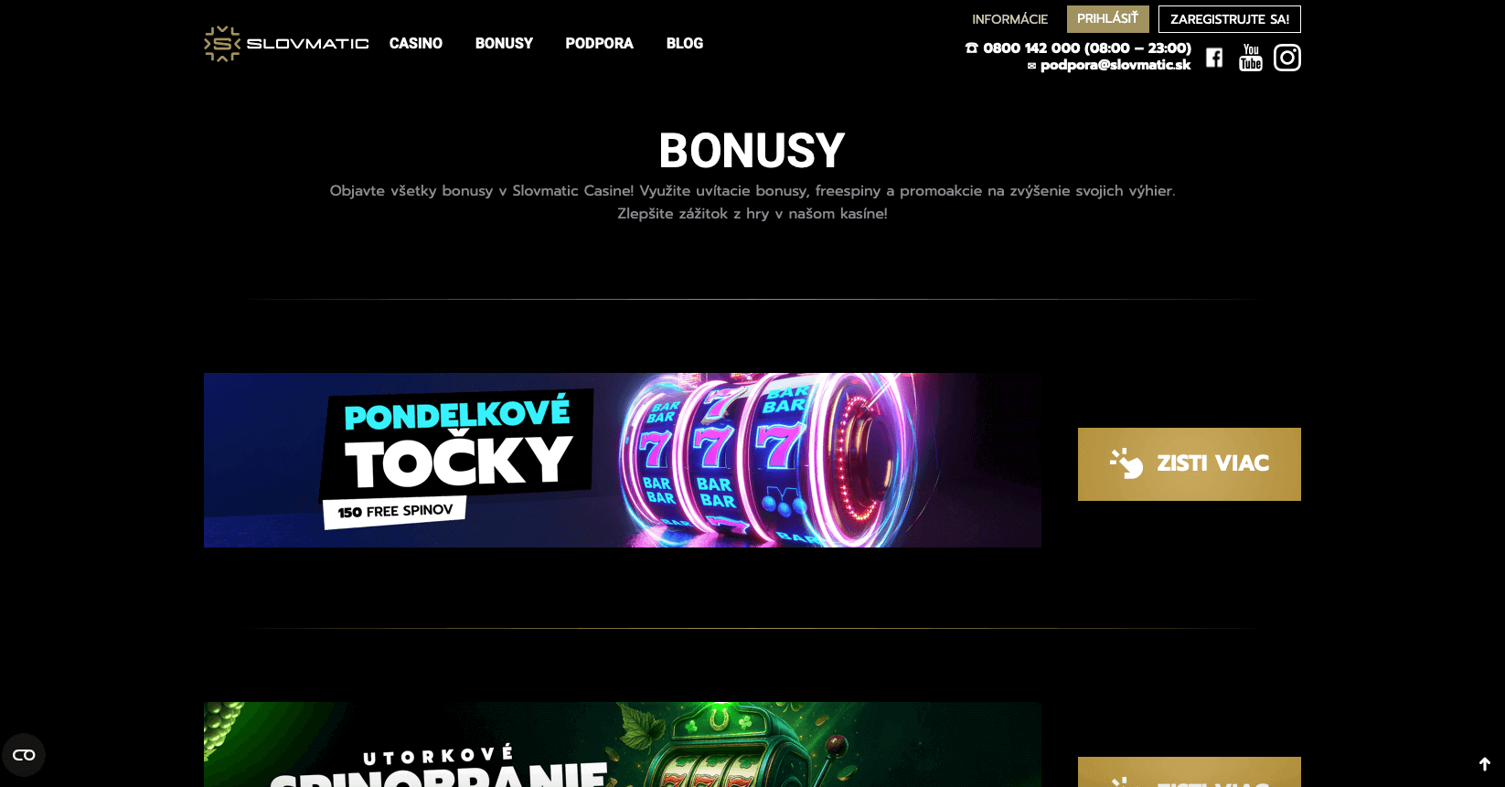 Stránka Slovmatic s prehľadom bonusov, konkrétne s ponukou PONDELKOVÉ TOČKY (Pondelkové spiny).
