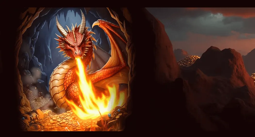 červený drak chrliaci oheň v jaskyni plnej zlatých mincí, ktorý dokonale reprezentuje atmosféru dragonslots casina