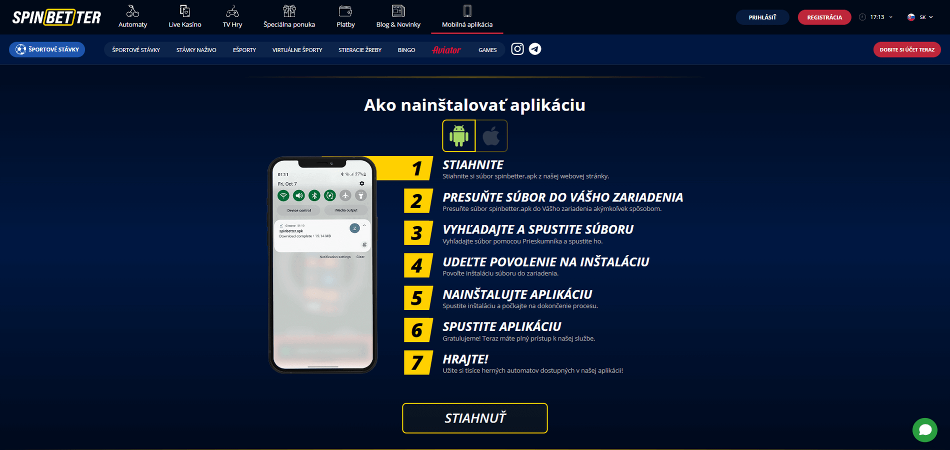 Mobilná verzia a aplikácia SpinBetter