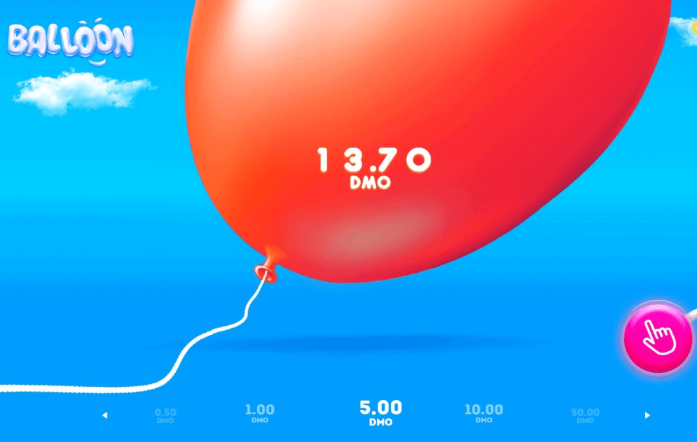 detailný záber na obrazovku hry balloon crash s veľkým červeným balónom, ktorý má aktuálnu hodnotu .70$ dmo a možnosťou stávky .00$ dmo.