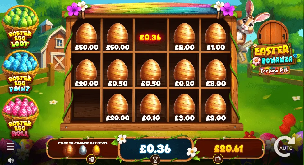 interiér kasína pre hru happy easter, ktorá sa odohráva na farebne vyzdobenej dedinskej ulici.