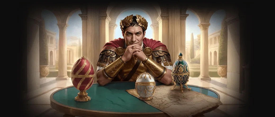 legiano casino kresleny rimsky cisar pri stole so zdobenymi vajickami a starodavnou mapou v pozadi stlporadia