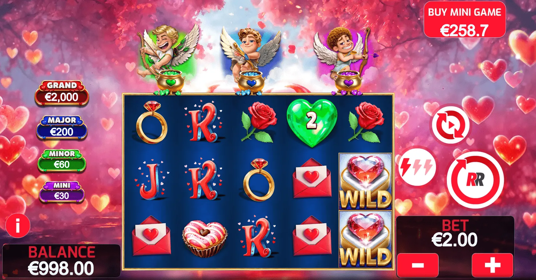 rozhranie online výherného automatu s valentínskou tematikou, symbolmi sŕdc a amormi.