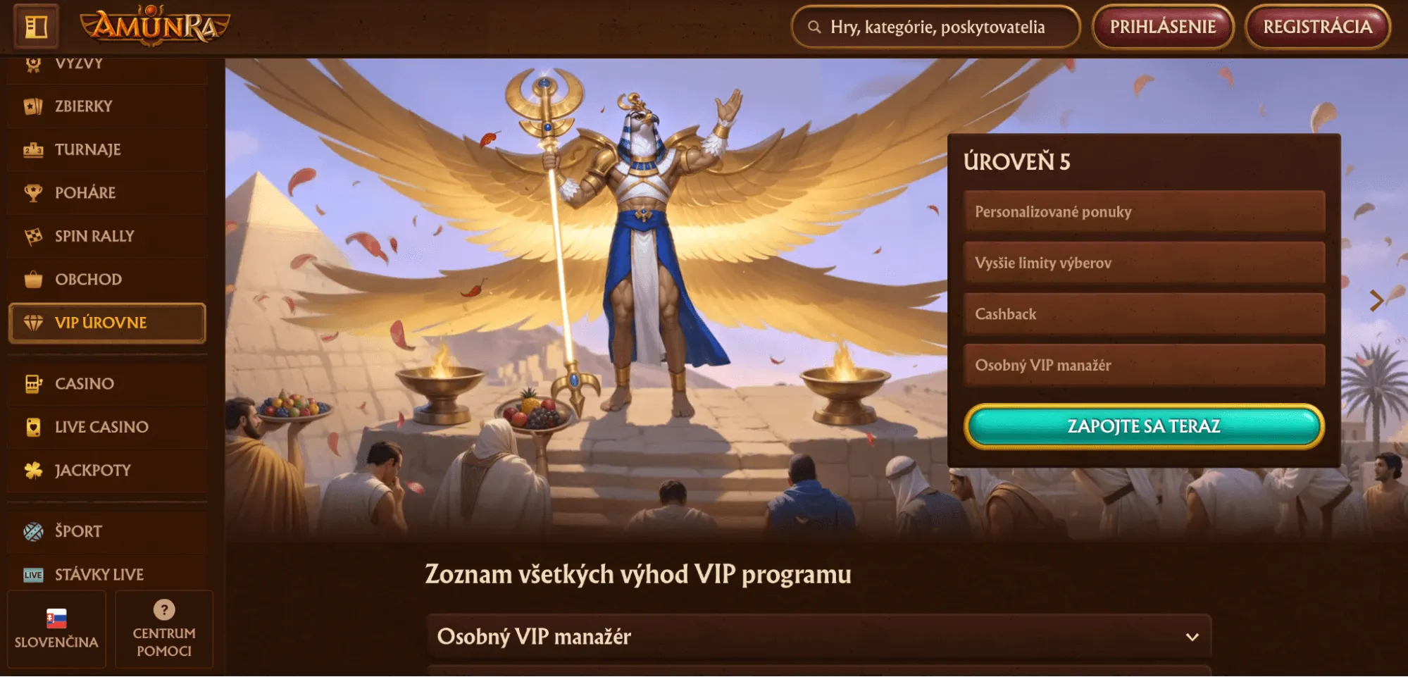 vip program v kasine amunra s tematikou starovekeho egypta a prehladom urovni vyhod