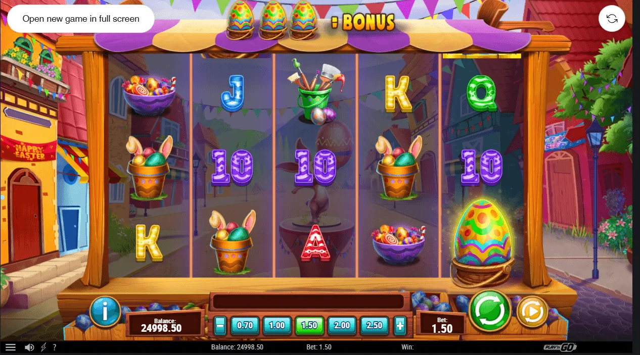 vizuál hracieho automatu happy easter od play'n go na vyzdobenej dedinskej ulici.