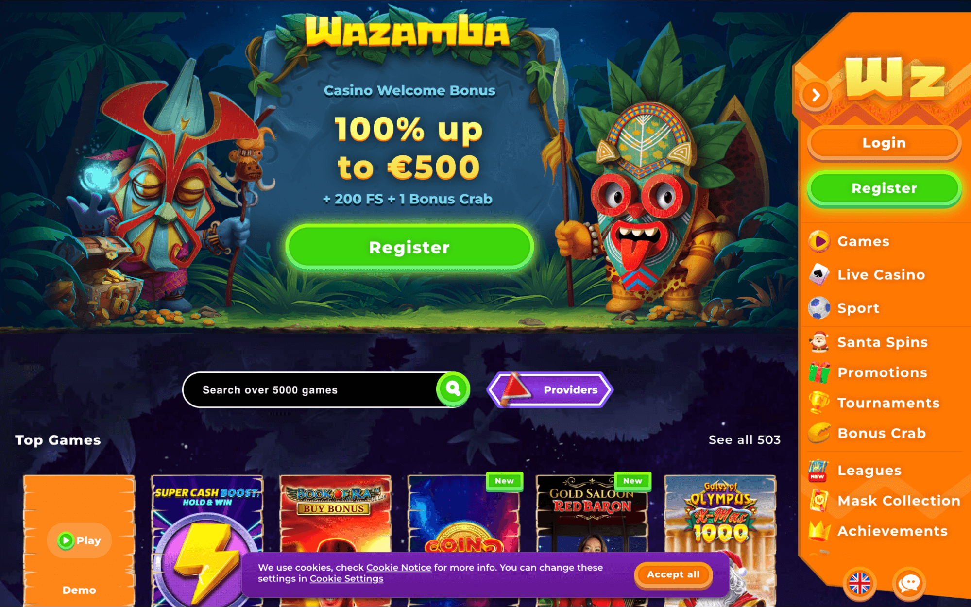 wazamba casino welcome bonus up to E with tribal theme